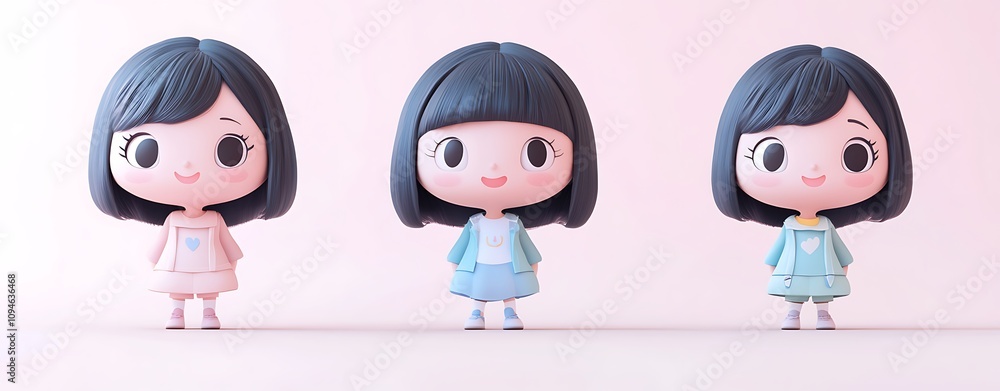 Poster animated 3d character concepts, chibi animated characters in pastel colors