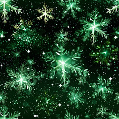 Fototapeta premium Christmas seamless pattern glowing green snowflakes on a dark, starry background. As holiday wrapping paper, festive digital paper, blog posts, packaging, card, backdrop.