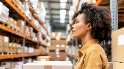 Woman with curly hair looking thoughtfully while holding cardboard box in a storage warehouse surrounded by stacked packages and products on shelves
