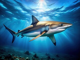 Naklejka premium In the serene depths of the deep blue ocean, silver tip sharks, Carcharhinus albimarginatus, glide gracefully, embodying elegance and power as they navigate their aquatic domain.