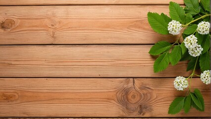 A wooden surface with a branch of white flowers and green leaves on the right side.