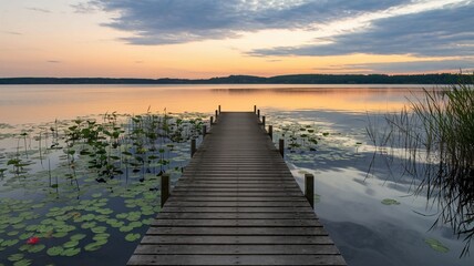 Fototapeta premium Bootssteg zum See mit Sonnenuntergang