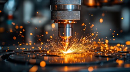 Close-up of a drill bit creating sparks while cutting metal