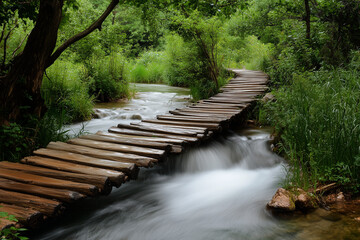 Obraz premium A beautiful and scenic wooden bridge gracefully spans a flowing stream in the heart of nature. Generative AI