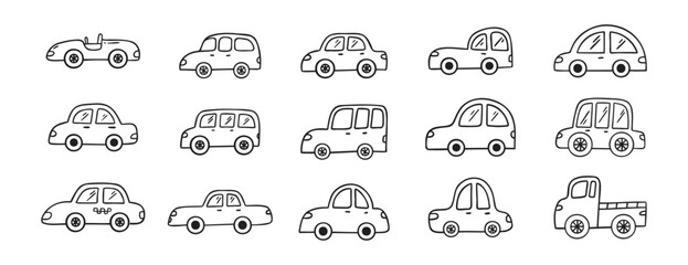 Car doodle hand drawn line icon set. Car drawing outline clipart