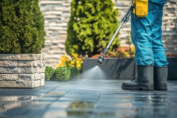 Worker Cleaning Patio With High Pressure Water Sprayer