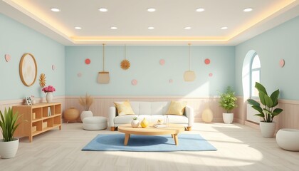 Light and airy living room with blue accents and a white sofa.