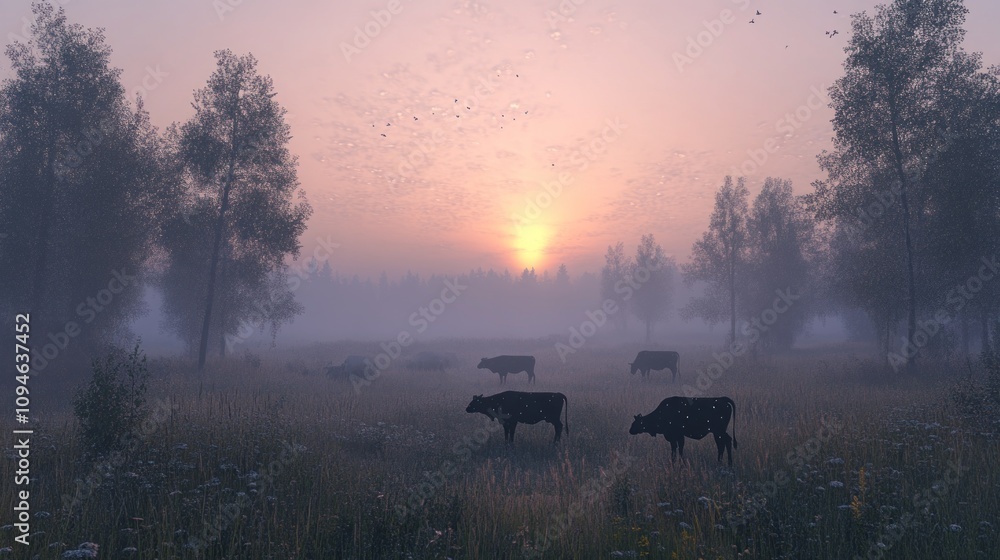 Poster A group of cows are grazing in a field with a beautiful sunset in the background. The cows are scattered throughout the field, with some closer to the foreground and others further back