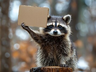 Curious Raccoon Holding Blank Cardboard Sign on Tree Stump with Minimalist Background