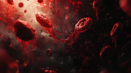 Red cells are suspended in a dark space, illuminated from above. The light highlights their smooth surfaces and creates a glowing effect, showcasing their unique shapes and textures.