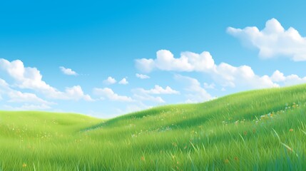 Obraz premium Blue sky white cloud green grass landscape illustration poster background