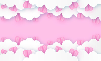 Happy Valentine's day  Beautiful paper cut white clouds with white heart frame on pink background. Vector illustration. Papercut style.