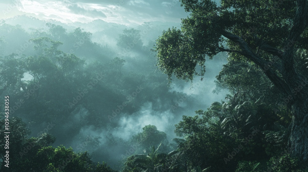 Poster A serene forest scene with a large tree in the center and a misty sky above. The trees are lush and green, creating a peaceful and calming atmosphere. The mist adds a sense of mystery