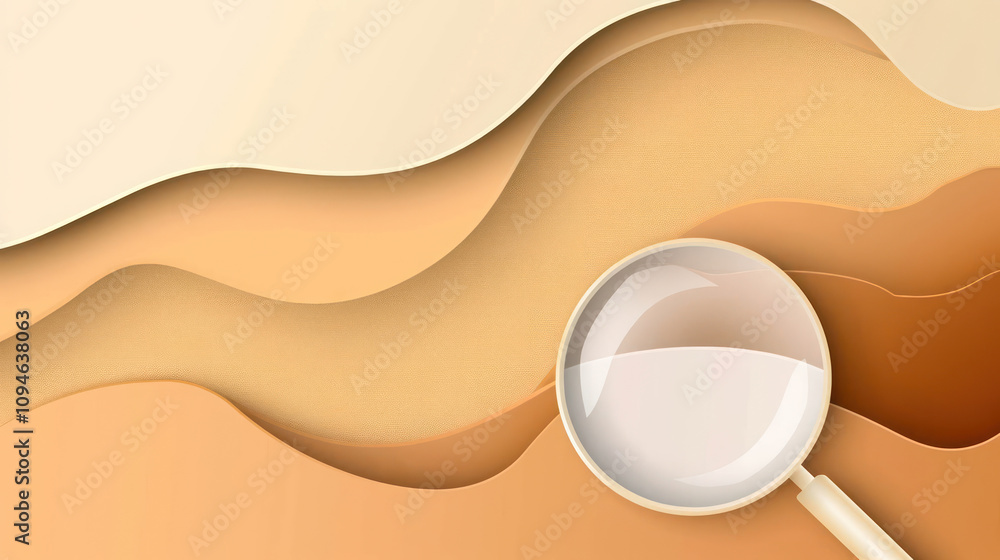 Poster abstract design featuring smooth waves and a magnifying glass in earthy tones for creative backgroun