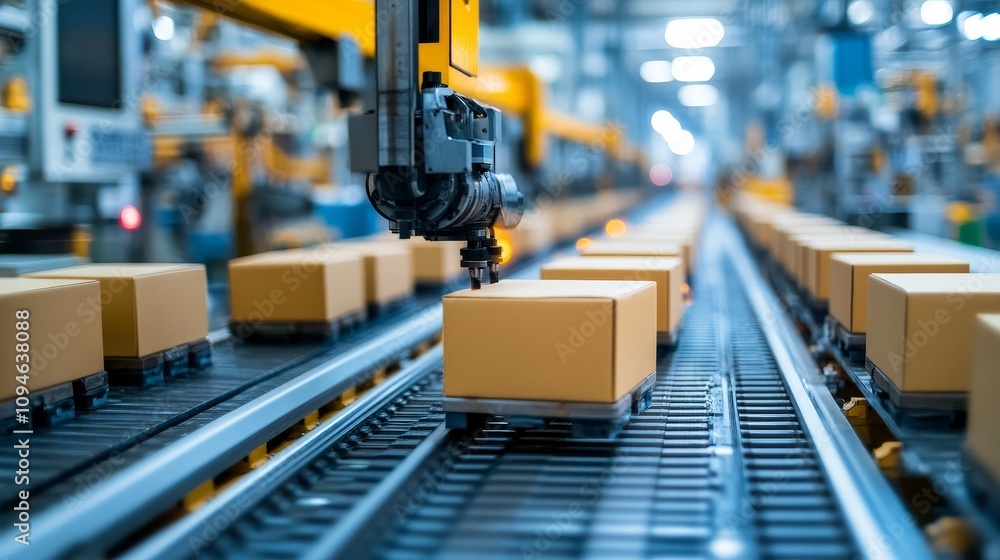 Poster Automated robotic arm sorting and packaging boxes on a conveyor belt in a warehouse
