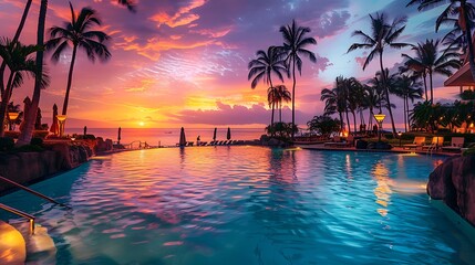 Obraz premium A serene poolside view at sunset, surrounded by palm trees and a tranquil atmosphere.