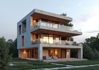 Modern multi-story house with large windows and outdoor seating in serene surroundings at dusk