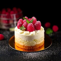 Raspberry cheesecake with fresh berries on top served against a dark backdrop
