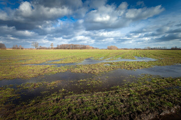 Water flood on the rural field and clouds on the sky