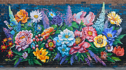 A Vibrant Floral Mural on a Brick Wall, Featuring Exquisite Flowers in Bold Colors and Intricate Details, Bringing Life and Art to the Urban Space