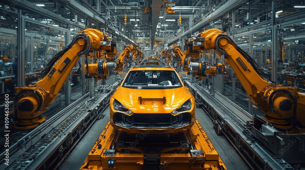 Poster automated car assembly line with yellow robots and vehicle