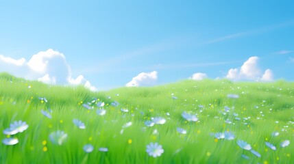 Obraz premium Blue sky white cloud green grass landscape illustration poster background