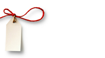 Simple Blank Tag Tied with Red Twine on White Background for Gift or Price Label Use in Various Creative and Business Applications