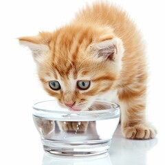 Cute ginger kitten drinking fresh water from transparent glass bowl on white background in studio