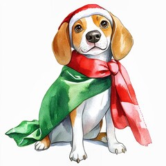 Cute beagle puppy wearing a red scarf: a watercolor painting