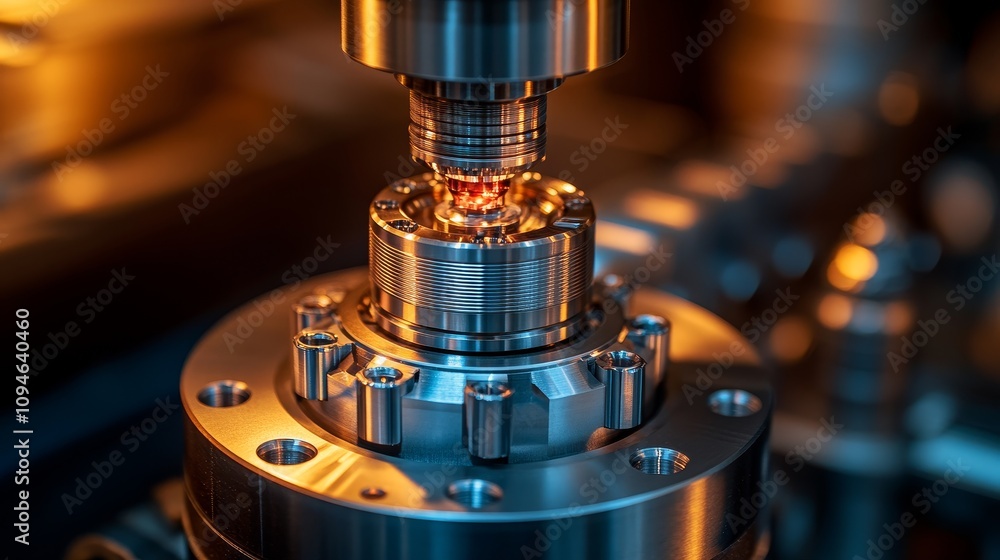 Poster close-up of a metallic component being machined by a precision tool