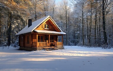 Cozy wooden cabin nestled in a snow-covered forest on a sunny winter day.