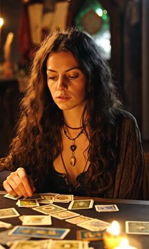 A woman with long hair is sitting at a table with a deck of cards