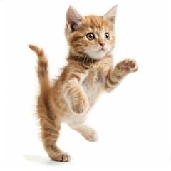 Obraz premium Adorable ginger kitten jumping and playing, isolated on white background, showcasing its playful nature