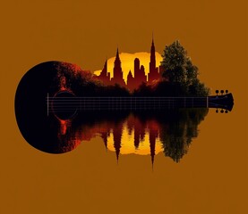 A guitar-shaped silhouette made of trees and buildings, with the sun setting between them. The water reflects an audio wave. There is no background, just a light brown color. Melody in my head concept
