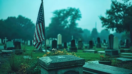 American flag waving over military cemetery honoring fallen soldiers