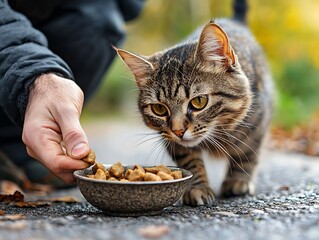 Stray Cat Gratefully Accepts Offered Food from Helping Hand in Outdoor Setting