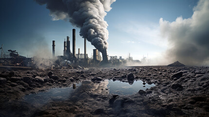 Industrial landscape with smokestacks and puddles of toxic waste water