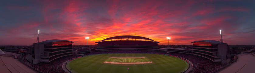 Obraz premium Panoramic View of Cricket Stadium at Sunset, Vibrant Red Sky Over Green Field, Spectators in Stands, Illuminated Floodlights