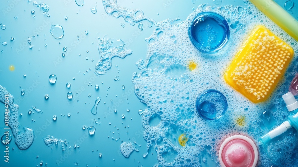 Poster A blue background with a lot of bubbles and a yellow soap. The bubbles are in different sizes and colors