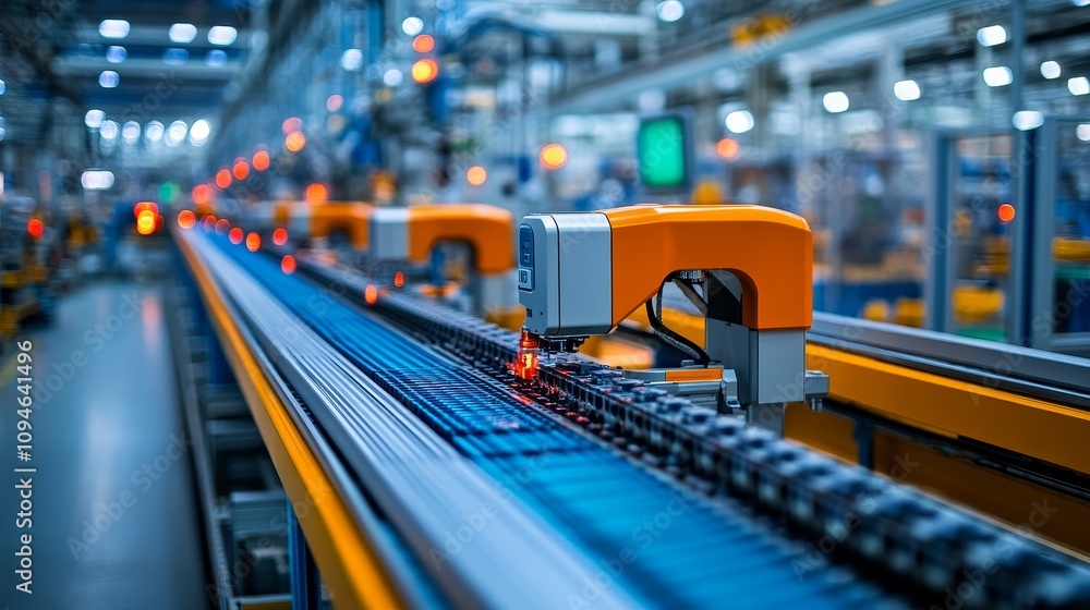 Aufkleber automated assembly line with moving conveyor belt and robotic arms