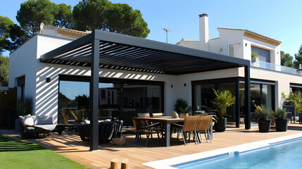 Modern Home with Black Aluminum Pergola,  Outdoor Dining Set, and Swimming Pool