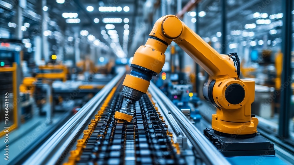 Poster industrial robot arm working on assembly line