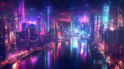 Obraz premium A dazzling cityscape at night with skyscrapers lit up in vibrant colors, creating reflections on a nearby river. 