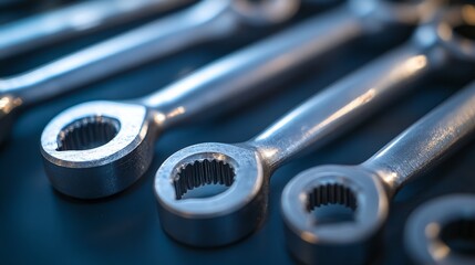 Obraz premium Close-up of Multiple Silver Wrenches on a Blue Surface
