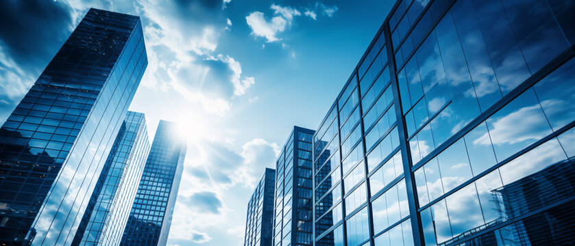 Fototapeta A low-angle shot of tall glass buildings under a cloudy sky, showcasing modern urban architecture.