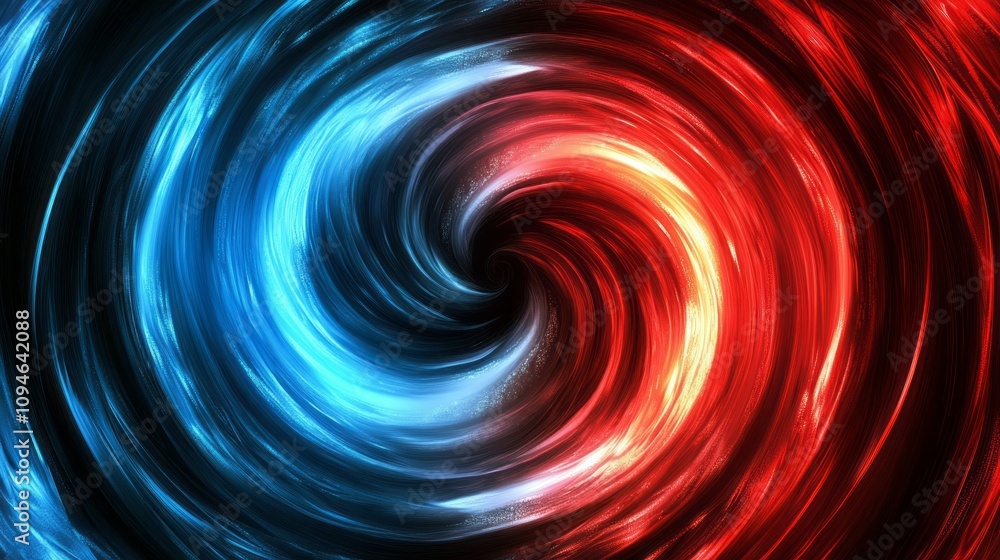 Poster A colorful spiral with blue and red hues. The blue and red colors are swirling together in a circular motion, creating a dynamic and eye-catching design