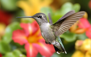 A hummingbird in flight, hovering near colorful flowers.