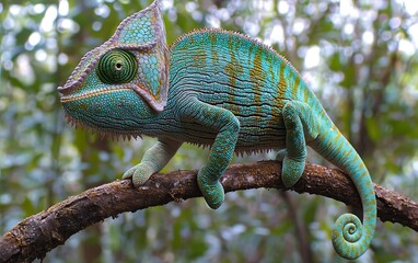 Fototapeta premium Vibrant blue chameleon perched on a tree branch in lush green foliage.