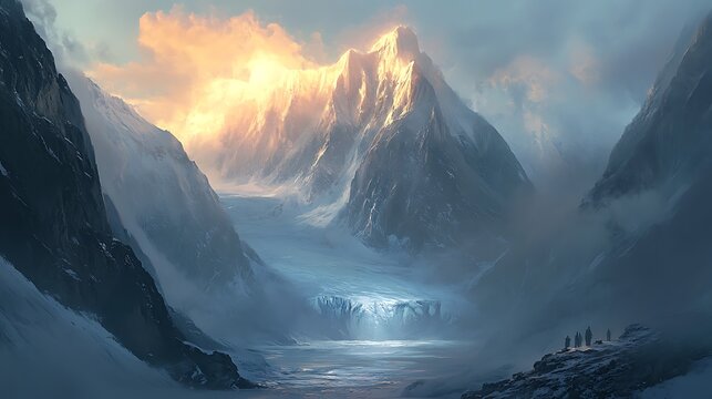 A dramatic alpine landscape featuring towering mountains and a pristine glacier glowing in soft morning light. 