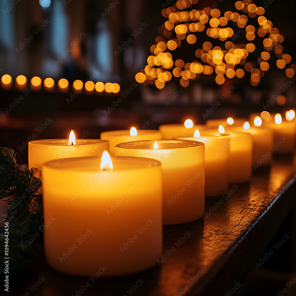 Poster warm and serene close up of glowing candles in row, creating peaceful ambiance with soft light and b